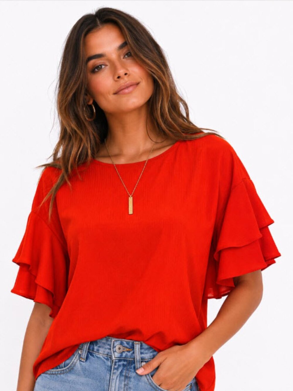 H&M Red Short Ruffle Sleeve Blouse Size Medium